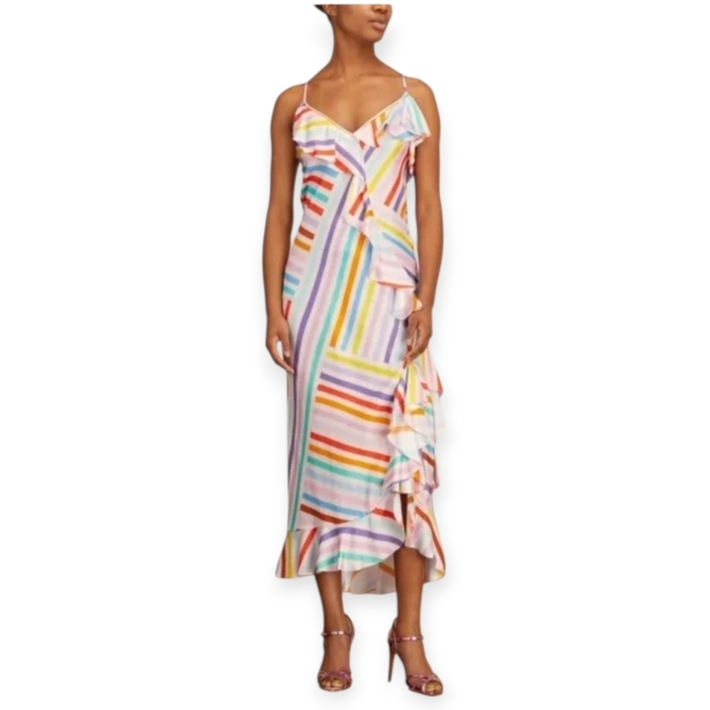 Brogger Edith Silk Rainbo Ruffle Slip Dress In Multicolors Yellow Blue Size M